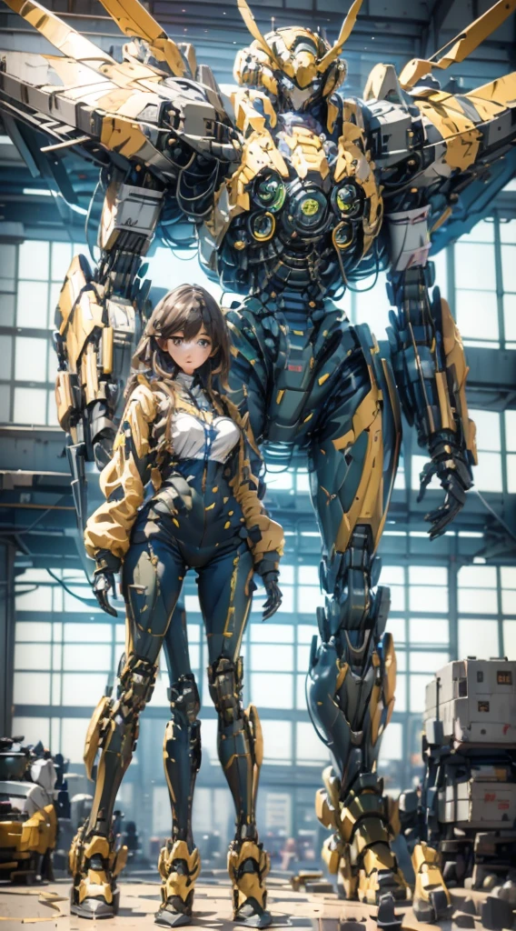 Girl standing in front of the mecha，Mech pilot，Rounded curves of the mecha，Mecha Background，Mechanical style background，Girl in tights standing in front of mecha，Girl standing in front of a mecha，Behind the girl is a huge mecha，Standing in front of the mech，The girl in tights stands in front of the tall mecha，Behind the girl in tights is a mecha，女孩Standing in front of the mech，女孩Standing in front of the mech，Standing in front of the mech的女孩，Mecha Background，The background is a mecha，Girl waist up close，Tilt view lens，Girl standing under the mecha