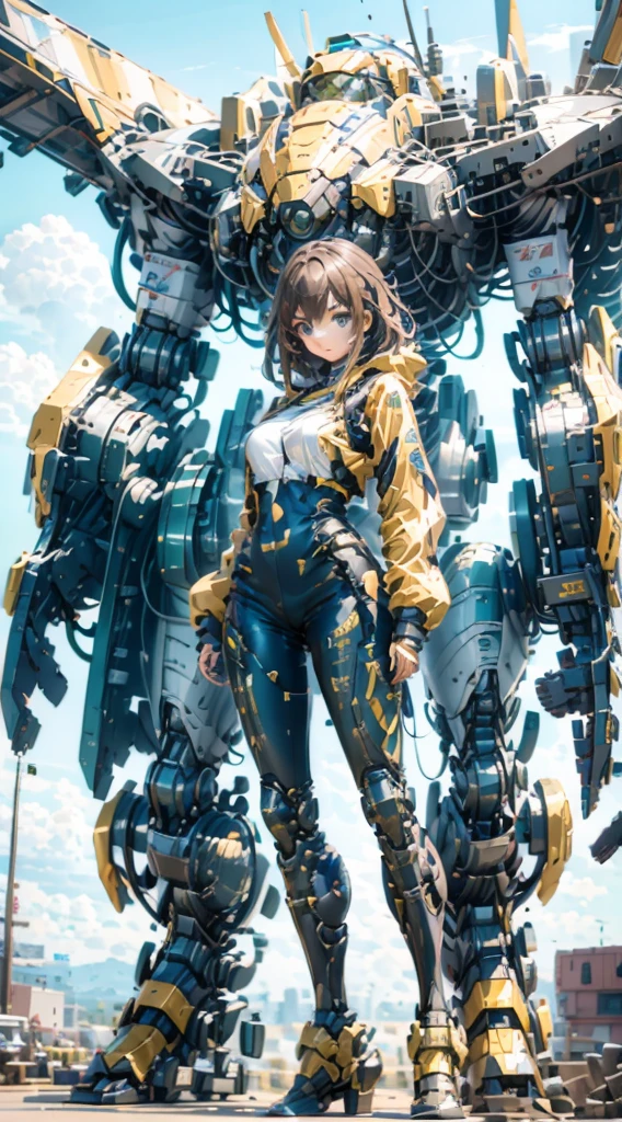 Girl standing in front of the mecha，Mech pilot，Rounded curves of the mecha，Mecha Background，Mechanical style background，Girl in tights standing in front of mecha，Girl standing in front of a mecha，Behind the girl is a huge mecha，Standing in front of the mech，The girl in tights stands in front of the tall mecha，Behind the girl in tights is a mecha，女孩Standing in front of the mech，女孩Standing in front of the mech，Standing in front of the mech的女孩，Mecha Background，The background is a mecha，Girl waist up close，Tilt view lens，Girl standing under the mecha