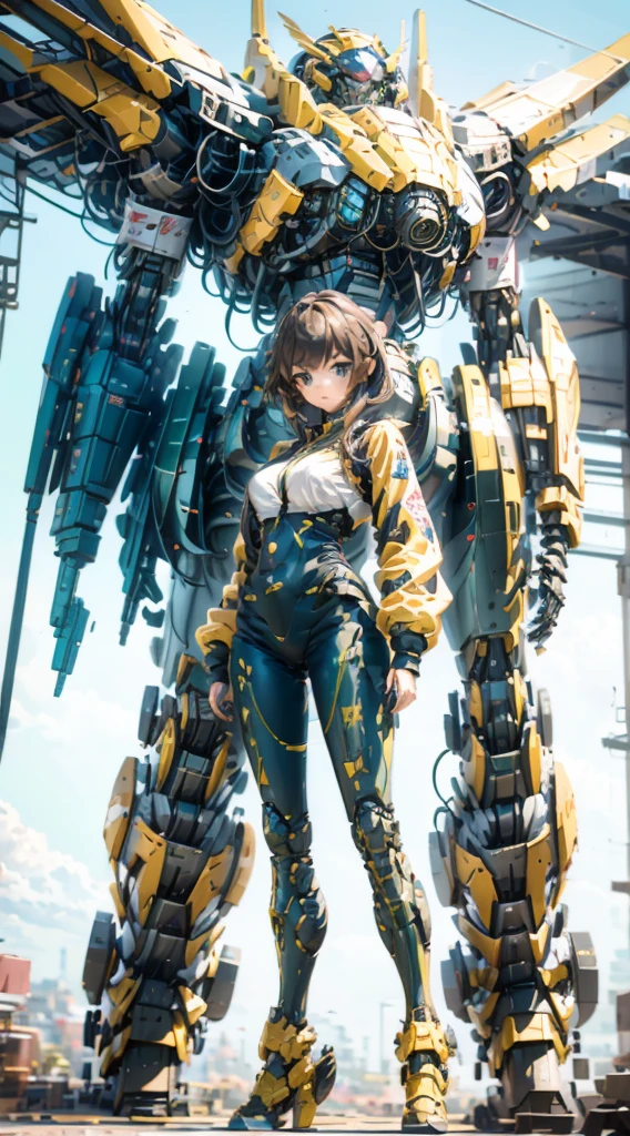 Girl standing in front of the mecha，Mech pilot，Rounded curves of the mecha，Mecha Background，Mechanical style background，Girl in tights standing in front of mecha，Girl standing in front of a mecha，Behind the girl is a huge mecha，Standing in front of the mech，The girl in tights stands in front of the tall mecha，Behind the girl in tights is a mecha，女孩Standing in front of the mech，女孩Standing in front of the mech，Standing in front of the mech的女孩，Mecha Background，The background is a mecha，Girl waist up close，Tilt view lens，Girl standing under the mecha