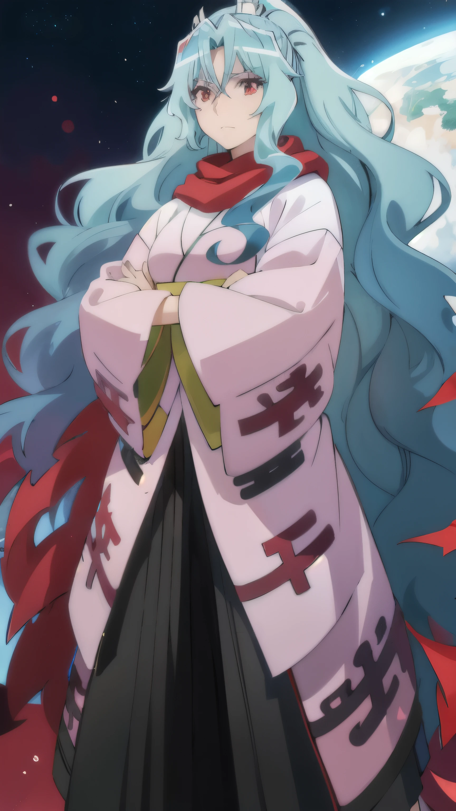 White hair,Flowing hair,red eyes,ngực vừa,blue kimono,red scarf,personality,nice body,Super Definition