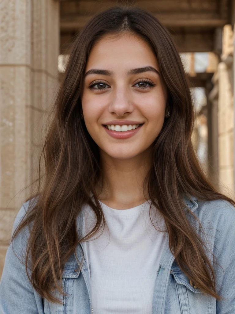 one cute women, 20YO, white, Arab, cute face, realistic brown eyes, blue jacket, brown hair, cute smile, skinny face, white realistic teethes, big eyes, long hair,(Jordan,Amman)