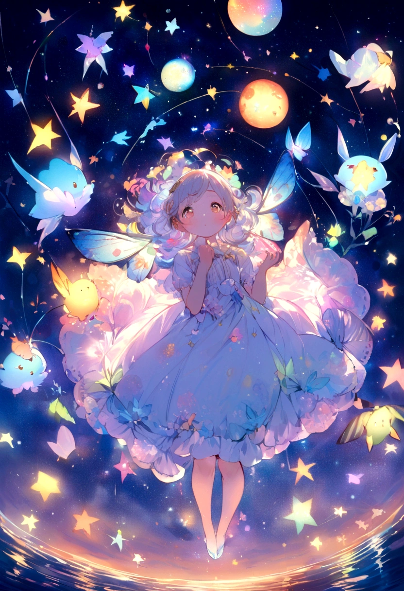 Cute girl characters、Describes a scene with grassy butterflies lying on the water flying around, Looking up at the starry sky. Surround her with colorful nebulae and her favorite constellations.