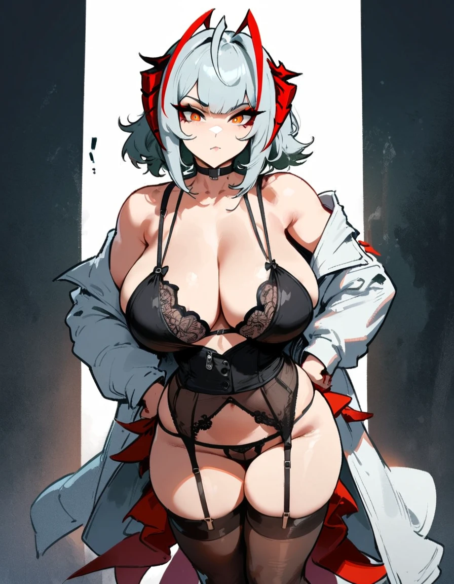 1girl, W \(arknights\), arknights \\\\\ masterpiece, best quality, very aesthetic, absurdres, newest \\\\\\ slim body,///// ,by nyantcha,cutesexyrobutts , by khyle,,////// ,,solo,, , ,,detailed face, , ,, , , , , beautiful face, (white background:1.2), , sexy, , orange eyes, , , rating:nsfw,,big tits,), in the center of the frame,,short hair, ,lingerie garter belt,, black openwork bra, wears a lab coat, arms on hips, stockings