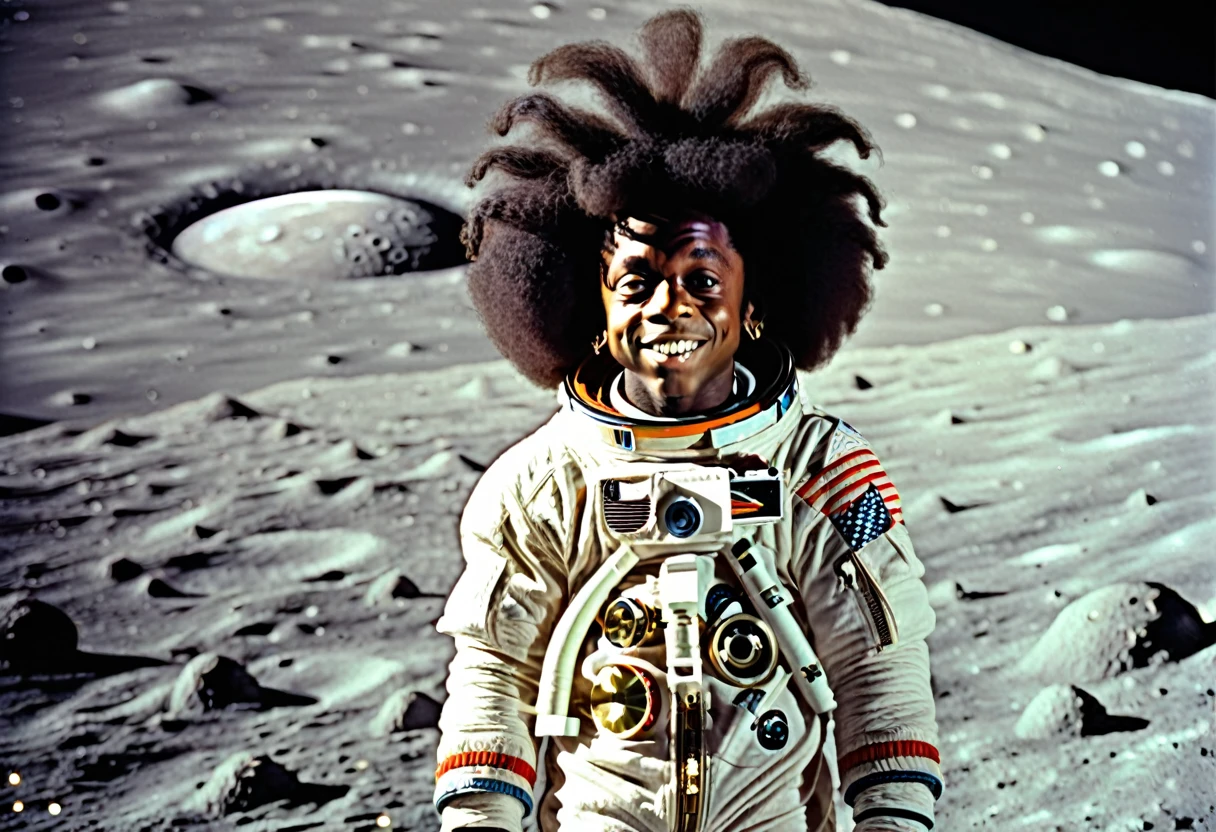 1970s photo of "lil wayne" on the moon, he has an afro,