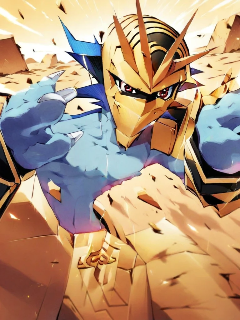solo,angry Magnamon,tall, blue and white skin,(battle damaged:1.5),(??????? Magnamon:2.5),(armor fragments:1.5),(shirtless:1.5), fighting_stance, in desert ,full_shot