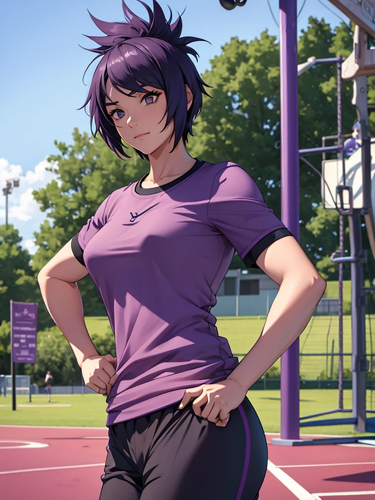 1women, as an athlete, wearing a sports t-shirt and pants, at a playground , purple colour short hair, 8k, high detailed, high quality