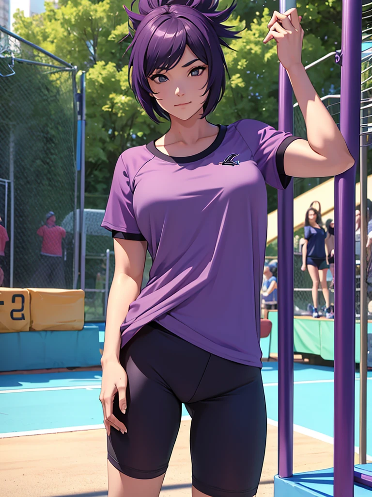 1women, as an athlete, wearing a sports t-shirt and pants, at a playground , purple colour short hair, 8k, high detailed, high quality
