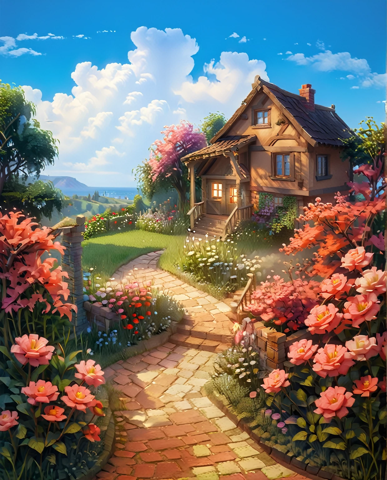 painting of a house with a pathway leading to a garden, flowery cottage, beautiful art uhd 4 k, detailed painting 4 k, by Arthur Pan, full of colors and rich detail, idyllic cottage, scenery art detailed, flowers garden, scenery artwork, flower garden, by Franz Hegi, thomas kinkade style painting, 4 k matte thomas kinkade