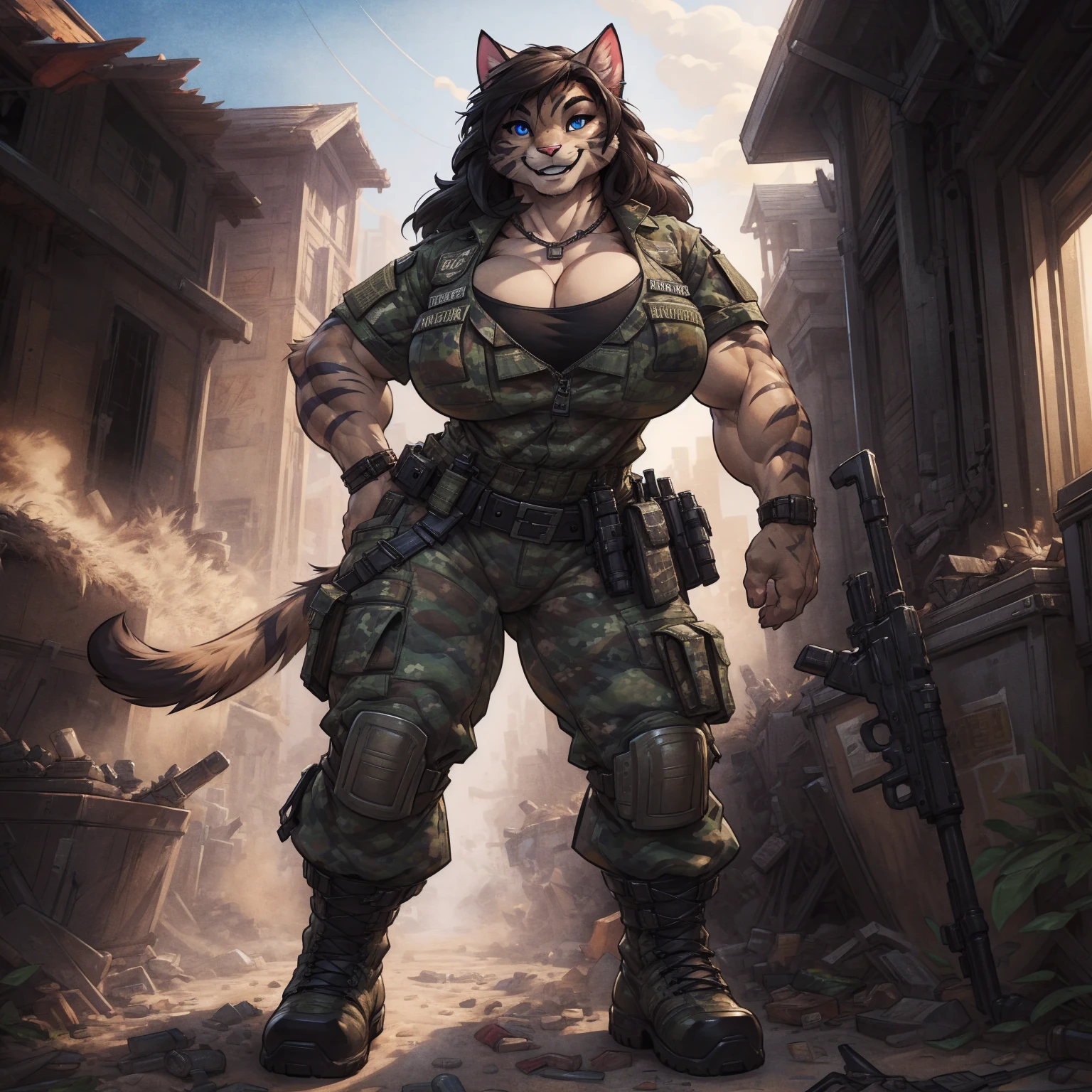 solo, 1girl, feline, cat girl, female, buff, muscular, huge breasts, highly detailed eyes, Amazon, wearing camouflage_uniform, (urban uniform:1.2), military camp, rolled sleeves, shirt, trousers, cleavage, standing upright, combat boots, full body, smiling, friendly, looking at viewer, realistic lighting, by darkgem, by wfa, by bng,