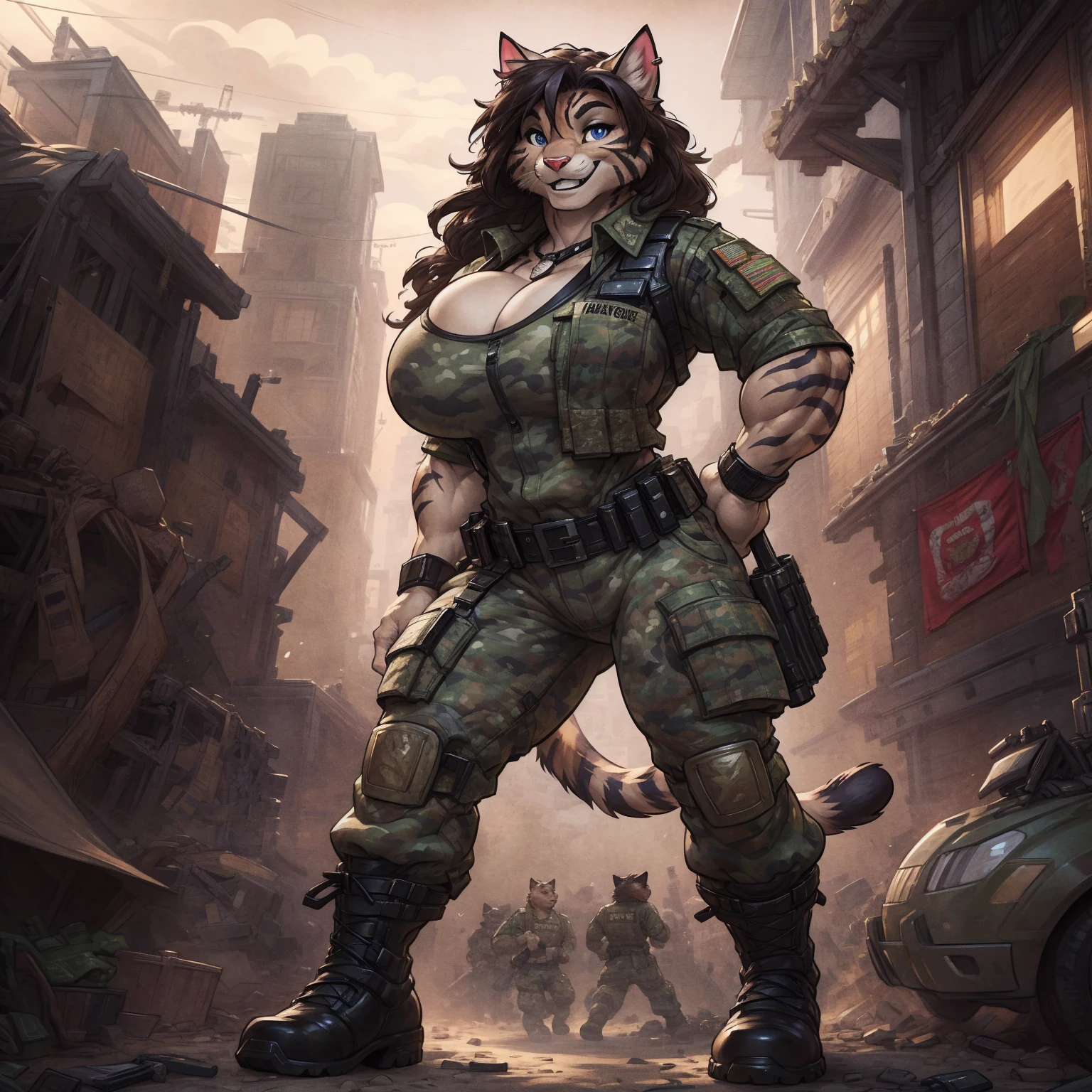 solo, 1girl, feline, cat girl, female, buff, muscular, huge breasts, highly detailed eyes, Amazon, wearing camouflage_uniform, (urban uniform:1.2), military camp, rolled sleeves, shirt, trousers, cleavage, standing upright, combat boots, full body, smiling, friendly, looking at viewer, realistic lighting, by darkgem, by wfa, by bng,