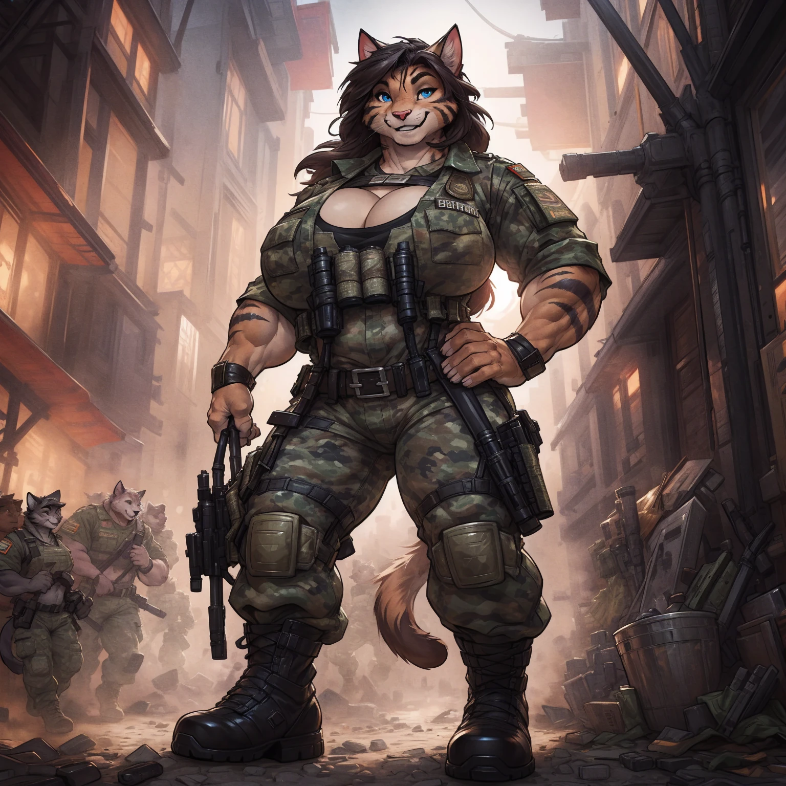 solo, 1girl, feline, cat girl, female, buff, muscular, huge breasts, highly detailed eyes, Amazon, wearing camouflage_uniform, (urban uniform:1.2), military camp, rolled sleeves, shirt, trousers, cleavage, standing upright, combat boots, full body, smiling, friendly, looking at viewer, realistic lighting, by darkgem, by wfa, by bng,