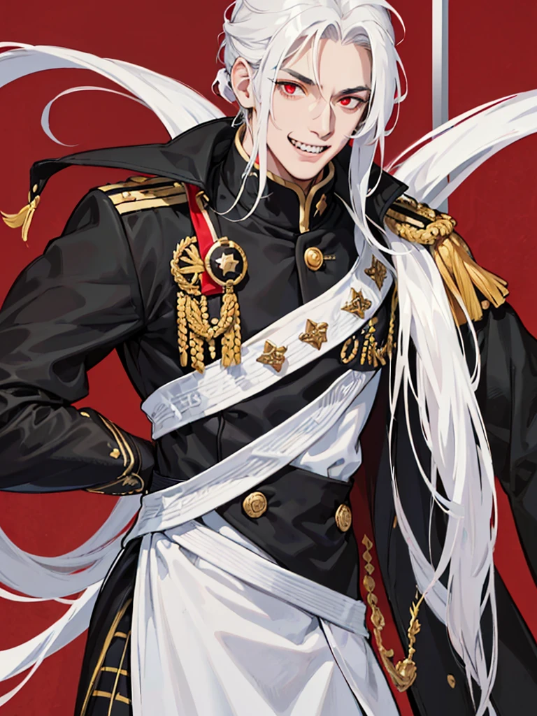 Guy, Sharp teeth, White disheveled hair cascades with black strands. An smile with sharp teeth. Black military uniform, black general's uniform. Red eyes, black narrow horizontal pupils, handsome guy, A cheeky grin, adult man, beautiful man, Black little strands, extremely beautiful man