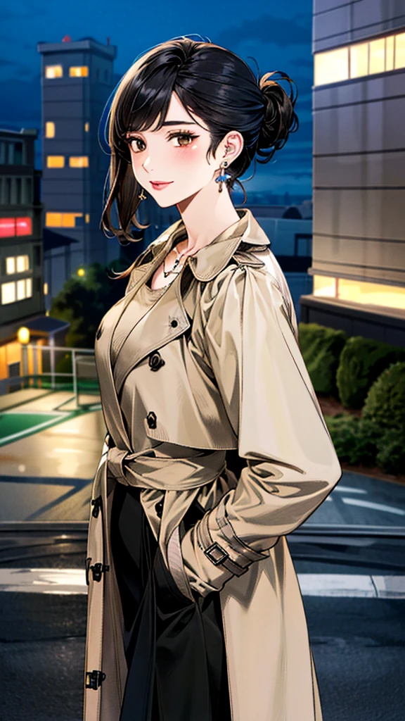 (masterpiece:1.3, Highest quality, Ultra-high resolution, Super detailed), (Realistic, photoRealistic:1.4), Beautiful illustrations, Perfect lighting, colorful, Depth of written boundary,
Beautiful detailed hair, Beautifully detailed face, Beautiful fine details, Beautiful clavicle, Beautiful body, 美しいLarge Breasts, Beautiful thighs, Beautiful feet, Beautiful fingers,
(Open Court、Beige trench coat:1.4), ((knit、Black long skirt 1.4))、
View Viewer、Front view:0.8, Beauty1人, Japanese, Beauty、30 years old, Perfect Face, (Perfect Anatomy, Anatomically correct), Cute and symmetrical face, Baby Face, , Shiny skin,
(Black Hair, Updo Hair:1.4), Dark brown eyes, Large Breasts, Slim body,
necklace, (Small earrings:1.3),
(Beautiful views), (night), (city, cityscape in the distance), Standing with good posture, A soft smile、(Smile, Lips parted),