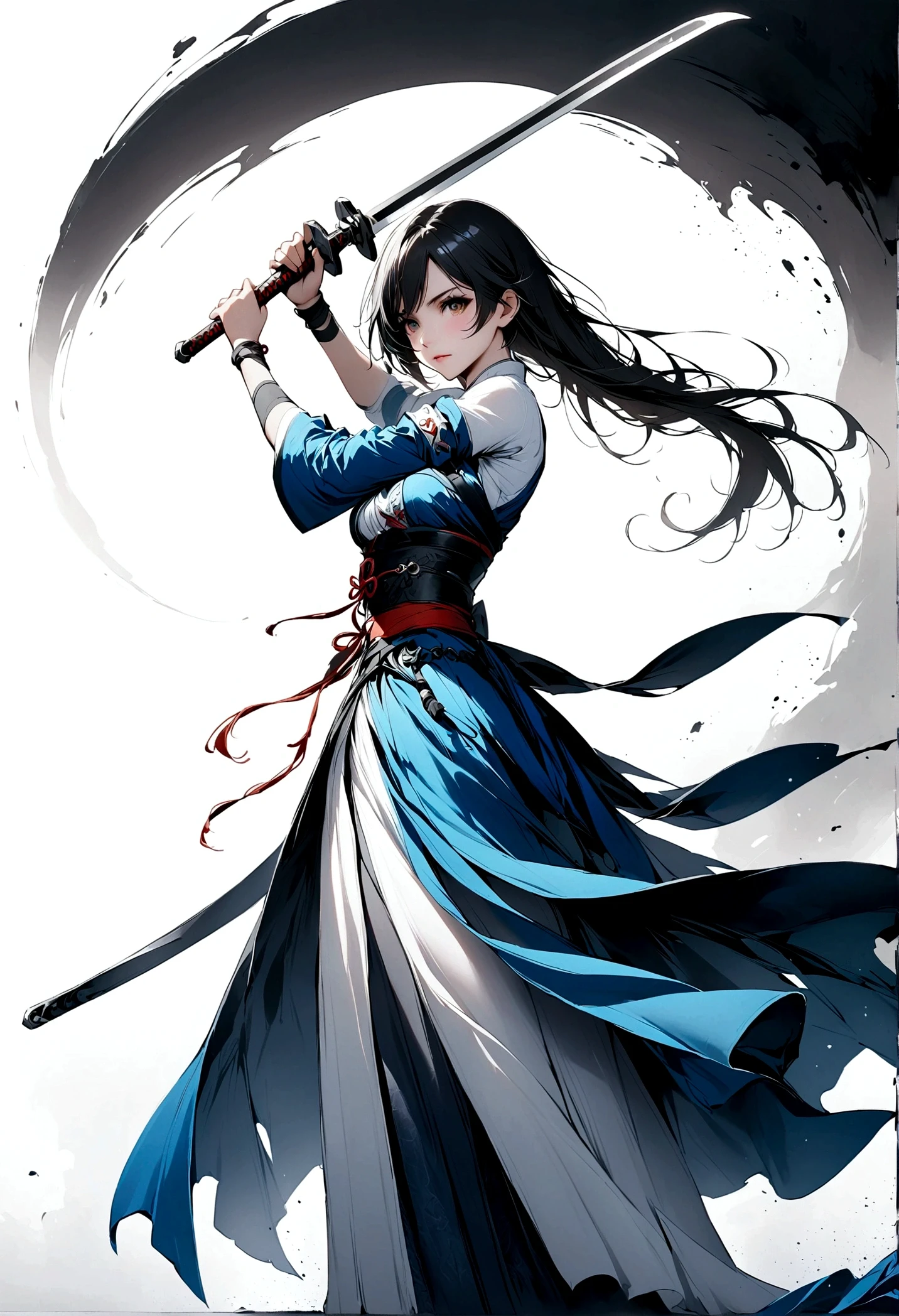 Artistic ink painting,Three-dimensional ink painting,Minimalism,Minimalist graphics,Minimal Art,Anime girl holding a sword,whole body,Chinese style,antiquity,Ink Painting,Blue robe,Black long hair,Black and white background,Ancient Style White Space,White Space,Large White Space,Texture Matte,Low saturation,Minimalist composition,Master composition