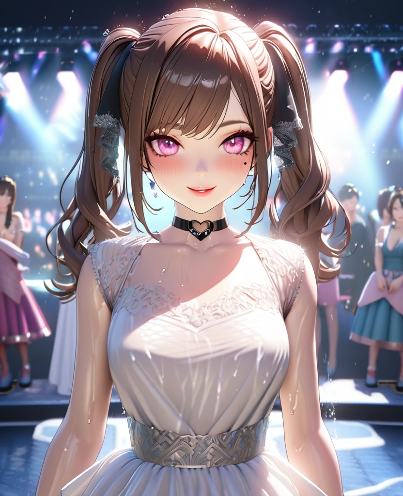 one girl, staring at the audience, beautiful pink eyes, brown hair in short twin tails, mole under eye, plump glossy lips, heart shaped choker, idol, her name is Mei, smiling, . . . 3D, realistic, idol's costume was drenched in heavy rain, her chest was wet and see-through, heavy rain at outdoor concert, draped clothes, jewelry and decorations removed, floral patterns, lace trim, glittering on stage, masterpiece, best quality, 8k, detailed skin texture, detailed fabric texture, beautifully detailed face, intricate details, highly detailed, ultra high resolution, 8k Ultra HD, film grain, best shadows, delicate, staring at the audience, front