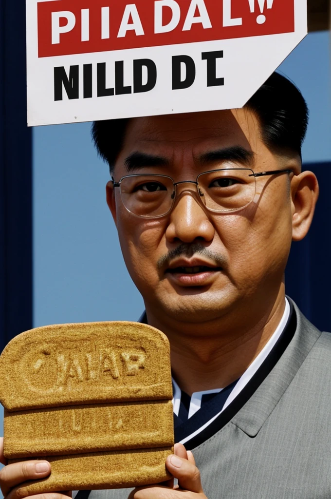 Close-up of a toy of dictator Kim Jun-um holding a sign that says Villada, por favor invitar Chicharronada!