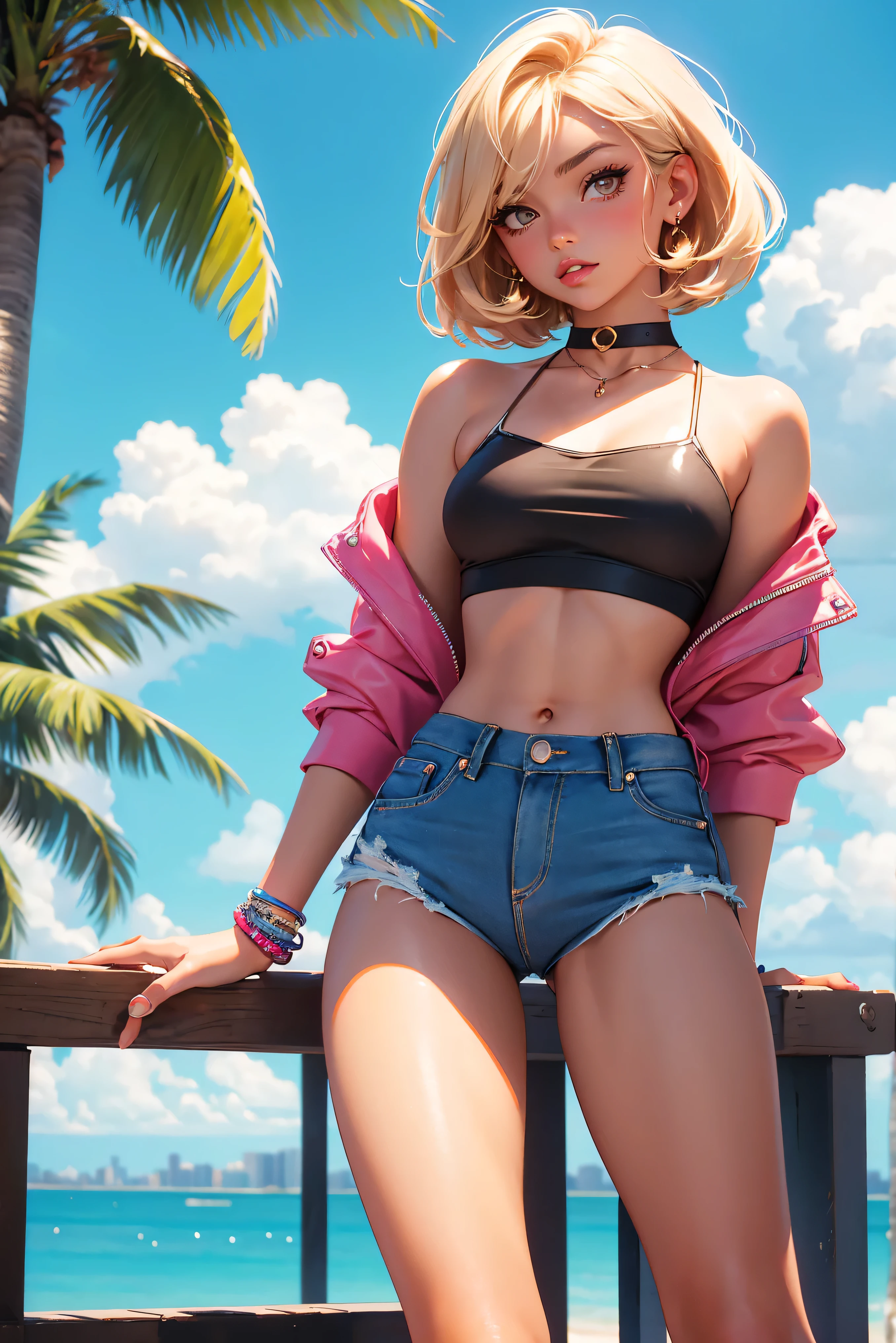 age girl-model 18 years old, beautiful, tanned, blonde, bob hair, bangs, brown eyes, beautiful figure, girl wearing crop shirt and too short mini shorts, beautiful long legs, slave bracelets, slave choker, manicure, cute makeup, flirtatiously posing, hot summer, hot flirty, sexy posing, summer outfit, top quality, higest quality, pin-up style, retro 80s style, Daisy Dukes style, Miami vibes, Californian