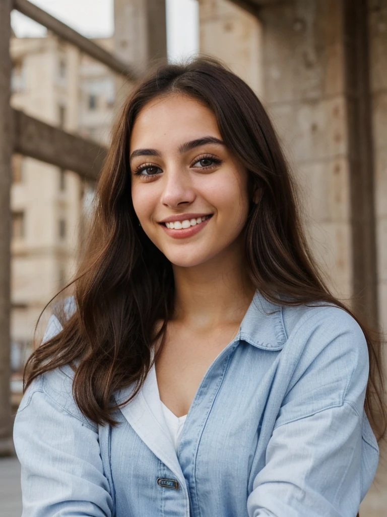 one cute women, 20YO, white, Arab, cute face, realistic brown eyes, blue jacket, brown hair, cute smile, skinny face, white realistic teethes, big eyes, long hair