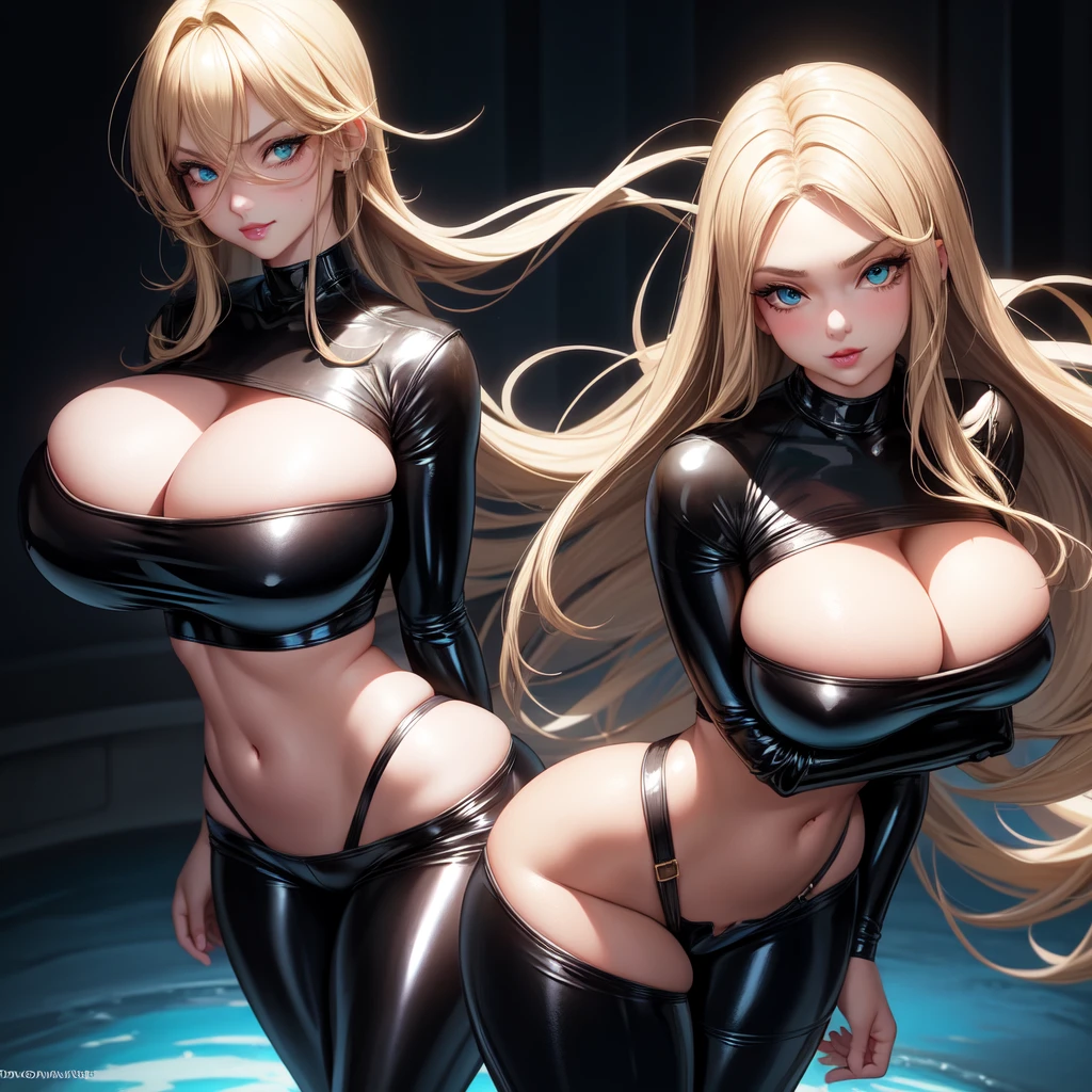 1 girl, solo, Big round breasts, curvy hips, hourglass waist, realistic, bright blonde hair, green and blue eyes, amazing big eyes, eye details, eyebrow details, big lips, blush, confident, dominant, bdsm, smirk, naughty, mischevious face, HD, good quality, crop top, shorts latex