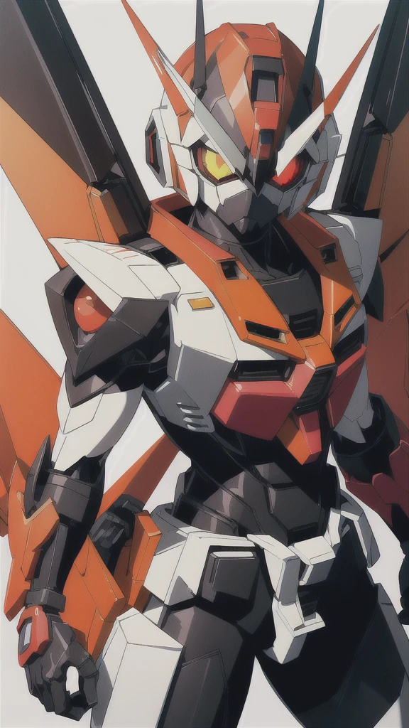 Kamen Rider、male people、Symphogear、
Black undersuit、White armor、Muffler white
Red compound eyes　a belt, Orange Hair, Purple eyes , Wearing Mecha Armor ((Gundam)),panoramic, Detailed aspect,((Gundam))