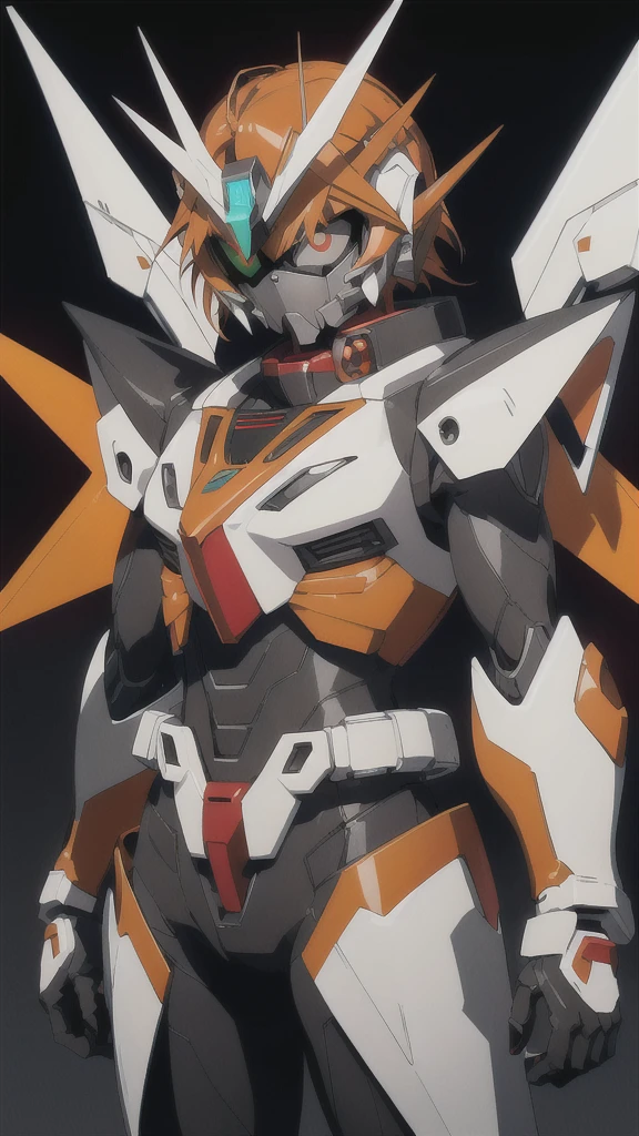 Kamen Rider、male people、Symphogear、
Black undersuit、White armor、Muffler white
Red compound eyes a belt, Orange Hair, Purple eyes , Wearing Mecha Armor ((Gundam)),panoramic, Detailed aspect,((Gundam))