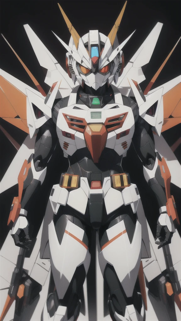 Kamen Rider、male people、Symphogear、
Black undersuit、White armor、Muffler white
Red compound eyes　a belt, Orange Hair, Purple eyes , Wearing Mecha Armor ((Gundam)),panoramic, Detailed aspect,((Gundam))