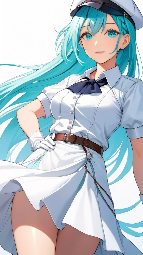 Female, woman, mature, Beautiful, Humble, Kind, long hair upper waist Stright Braided Hairstyles, Aqua blue pupil eyes colour, bright cyan Hairs, leather white wear Newsboy Cap, white dress flowing with skirt, wear leather white female gloves, Anime style, vivid colours, (White backgrounds:1.1)