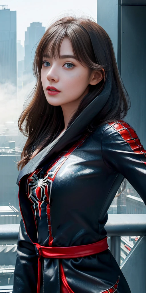 (1girl:1.3), Solo, (((Very detailed face)))), ((Very detailed eyes and face)))), Beautiful detail eyes, Body parts__, Official art, Unified 8k wallpaper, Super detailed, beautiful and beautiful, beautiful, masterpiece, best quality, original, masterpiece, super fine photo, best quality, super high resolution, realistic realism, sunlight, full body portrait, amazing beauty, dynamic pose, delicate face, vibrant eyes, (from the front), She wears Spider-Man suit, red and black color scheme, spider, very detailed city roof background, rooftop, overlooking the city, detailed face, detailed complex busy background, messy, gorgeous, milky white, highly detailed skin, realistic skin details, visible pores, clear focus, volumetric fog, 8k uhd, DSLR, high quality, film grain, fair skin, photo realism, lomography, futuristic dystopian megalopolis, translucent