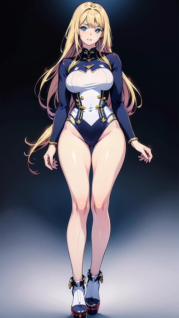 A detailed full-body image of a young anime girl standing confidently. She has long strawberry blond hair, large expressive blue eyes and a friendly smile. She wears a white half-sleeve top, a belted punk miniskirt, high stockings with suspenders, and high-heeled boots. Her body with curvy curves, medium breasts.
Her arms are slightly raised, showing off well-defined hands and fingers. The background has a soft gradient to emphasize the character. Detailed and clean, high-resolution line art with clear separation of body parts (head, arms, hands, torso, legs).