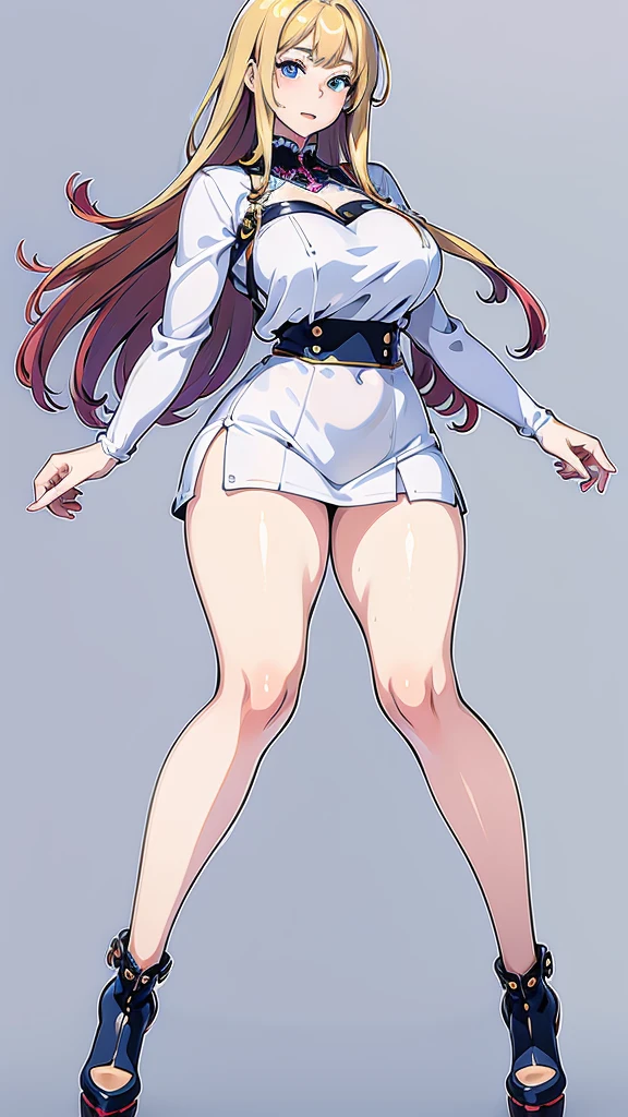 A detailed full-body image of a young anime girl standing confidently. She has long strawberry blond hair, large expressive blue eyes and a friendly smile. She wears a white half-sleeve top, a belted punk miniskirt, high stockings with suspenders, and high-heeled boots. Her body with curvy curves, medium breasts.
Her arms are slightly raised, showing off well-defined hands and fingers. The background has a soft gradient to emphasize the character. Detailed and clean, high-resolution line art with clear separation of body parts (head, arms, hands, torso, legs).