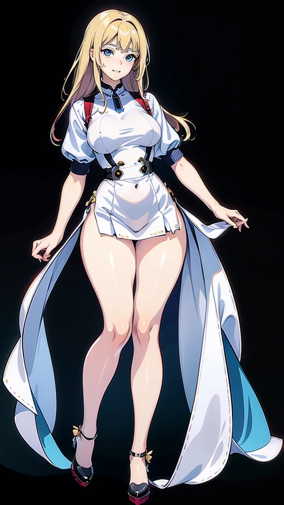 A detailed full-body image of a young anime girl standing confidently. She has long strawberry blond hair, large expressive blue eyes and a friendly smile. She wears a white half-sleeve top, a belted punk miniskirt, high stockings with suspenders, and high-heeled boots. Her body with curvy curves, medium breasts.
Her arms are slightly raised, showing off well-defined hands and fingers. The background has a soft gradient to emphasize the character. Detailed and clean, high-resolution line art with clear separation of body parts (head, arms, hands, torso, legs).