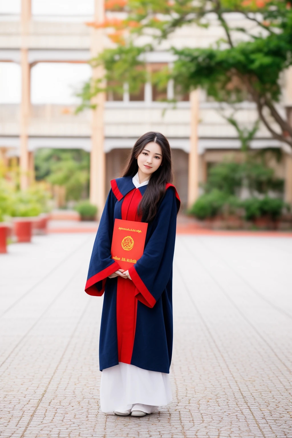 arafed asian woman in a graduation gown holding a red book, wearing an academic gown, graduation photo, wearing long royal robe, wearing long gown, ao dai, young asian girl, flowing hair and long robes, wearing red sorcerers robes, closeup portrait shot, wearing red robes, wearing blue robe, portrait shot, student, asian girl with long hair