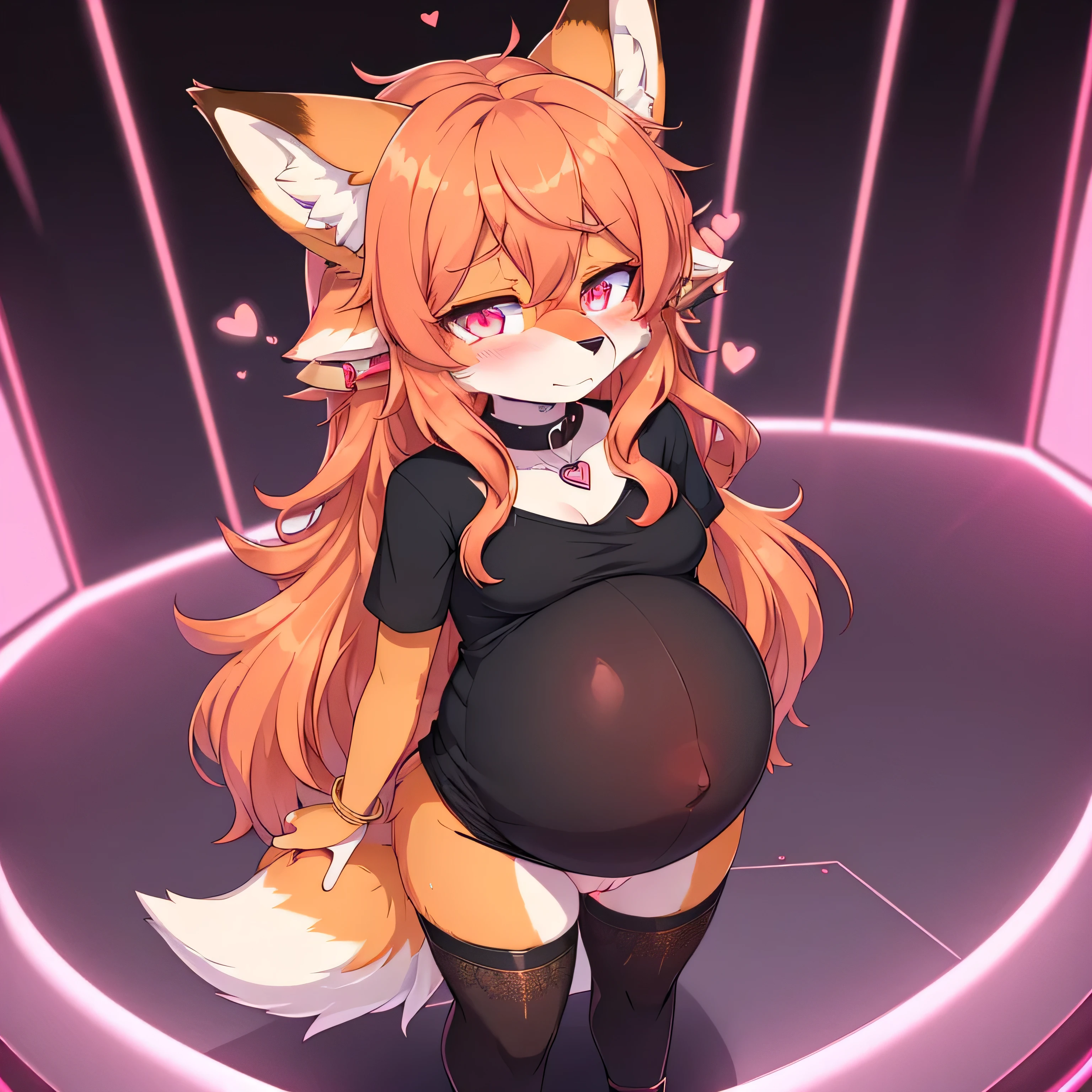 best quality,best resolution,(fluffy anthro furry :1.6),fox girl, orange hair,medium breasts,pink eyes,glowing eyes, medium hair,wavy hair,messy hair, fox ears,heart collar,grey bracelet, hairpin,looking at viewer,heavy reath,very hot,full face blush,sparkling eyes,glistering eyes, (top view:1.3), (pregnant:1.3), shiny skin, orange skin,shy, blush, embarrassed, in pain, strip club, (pregnant:1.3), (leaning on dance poll:1.5), solo, alone,thighhighs, wide eyes, long shirt, black miniskirt, covered belly, shirt pulldown, hands covering pussy,