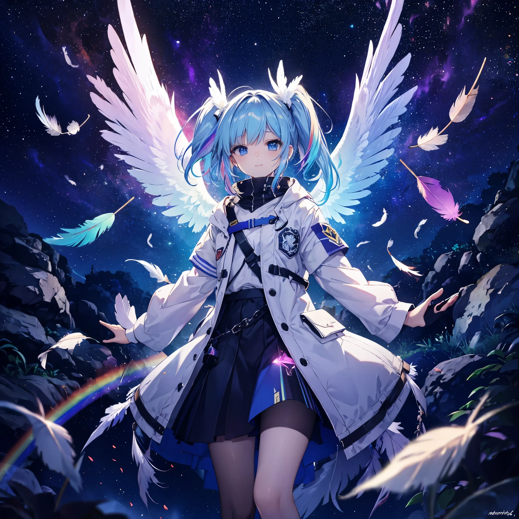 ((Archangel Fantasy Rainbow Hair Make your hair rainbow-colored on the inside Twin tails Dull blue eyes)) ((Has a galaxy uniform Put on a coat without putting your arms through it)) (((Wings many times larger than mine rainbow gradient feathers Glass Feather))) Pillar of Light cyber punk Smiling Kindly front)) ((tears gloves)) (Broken glass Rolling Pebbles Distorted Space-Time star) Catch the wind milky way Shining Background Particles of light rainbow colored edges Shining Edge star