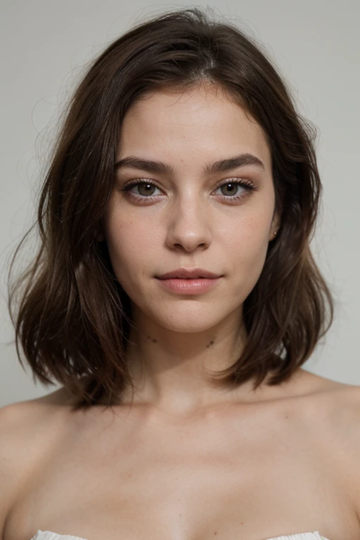 very high quality, visage d'une jeune femme, 27 ans, brune, yeux marrons clairs virant vers le vert, full lips with lightly defined cheekbones, well-defined eyebrows, des dents bien blanches qu'on peut apercevoir légèrement quand elle sourit, une peau lisse mais pas trop bien naturelle qui regarde bien droit devant soi sans strabsime