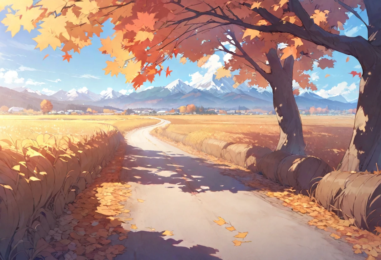 Country roads in autumn, blue sky, Mountains in the distance