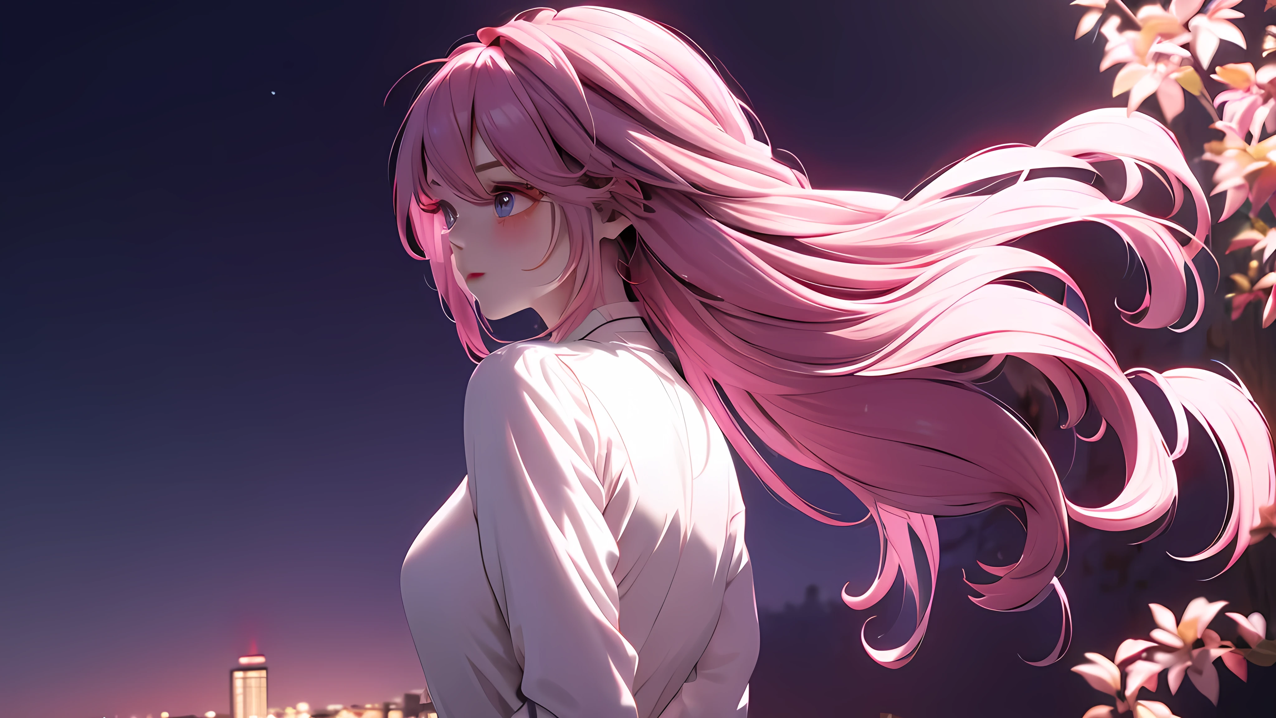 1 girl, medium light pink hair, light pink eyes, wearing white suit, night city, absurdres, high res, ultrasharp, 8K, masterpiece, looking from behind