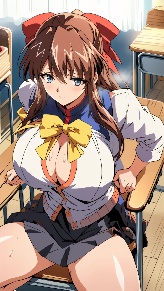 Center of chest, Perfect body, Big Breasts, Cleavage, (throw, close), ((JK , Check skirt, Neck bow tie, cardigan)), Natural light, indoor, classroom, School, smile, Open your mouth,、Open your mouth、((Skirt flip、String Panties、Spread your legs、Sit on a chair、Sweating all over the body))、Looking up from below、