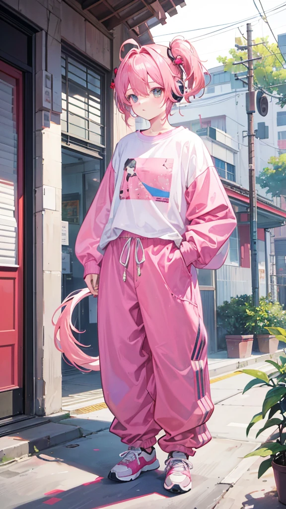 Kou, 1boy, pink hair ornament,tail,headset, pink shirt, Looking ahead,baggy pants, sneakers, curious, wide eyed.