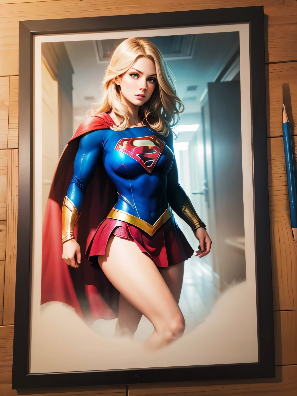 pencil drawing, concept art, framed image in the center of the sheet (Supergirl), full body image, loose lines, colored pencils.