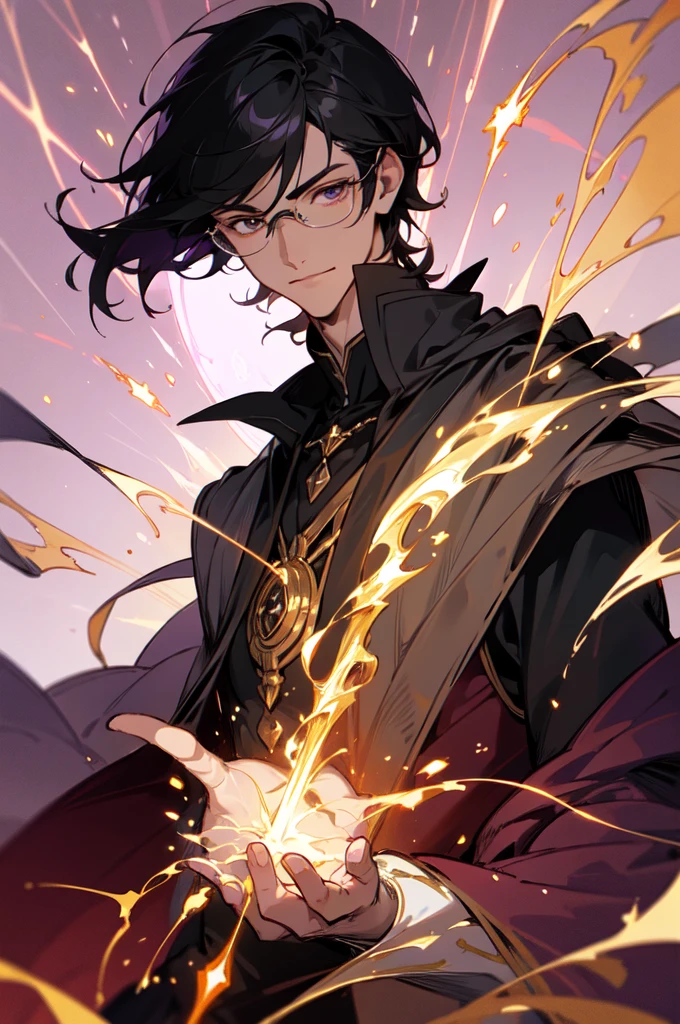 masterpiece, best quality, 1 male, young, tall muscular, handsome, finely detailed eyes, intricate details, black hair, short hair, smile, solo, upper body, detailed background, detailed face, good sorcerer, color magical robes, determined expression, white color scheme, dark crimson light, glowing magical runes, realistic lighting, floating particles, sparks, surrounded by gold lightning red arcane symbols, corrupted by eldritch power, bloom, glasses