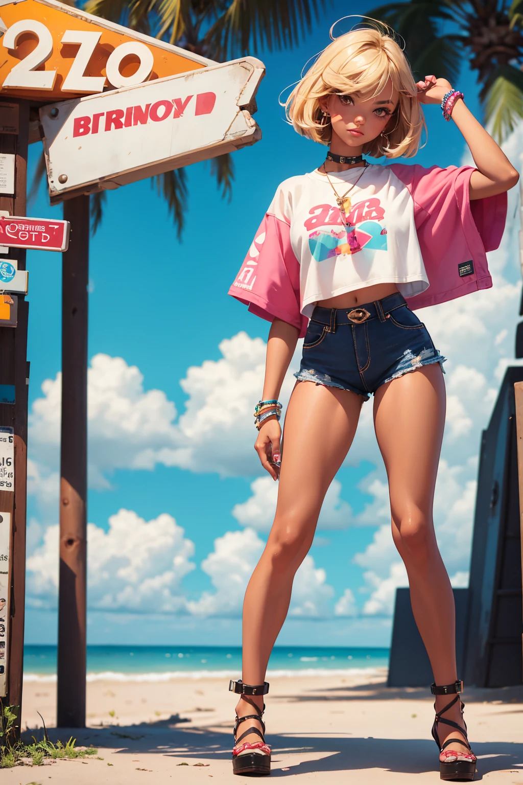 Teenage girl-model 18 years old, beautiful, tanned, blonde, bob hair, bangs, brown eyes, beautiful figure, girl wearing crop shirt and too short mini shorts, beautiful long legs, slave bracelets, slave choker, manicure, cute makeup, flirtatiously posing, hot summer, hot flirty, sexy posing, summer outfit, top quality, higest quality, pin-up style, retro 80s style, Daisy Dukes style, Miami vibes, Californian