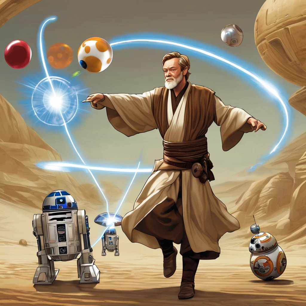 Obi Wan Kenobi juggles droids using the force, juggler, droids fly around Obi Wan Kenbi