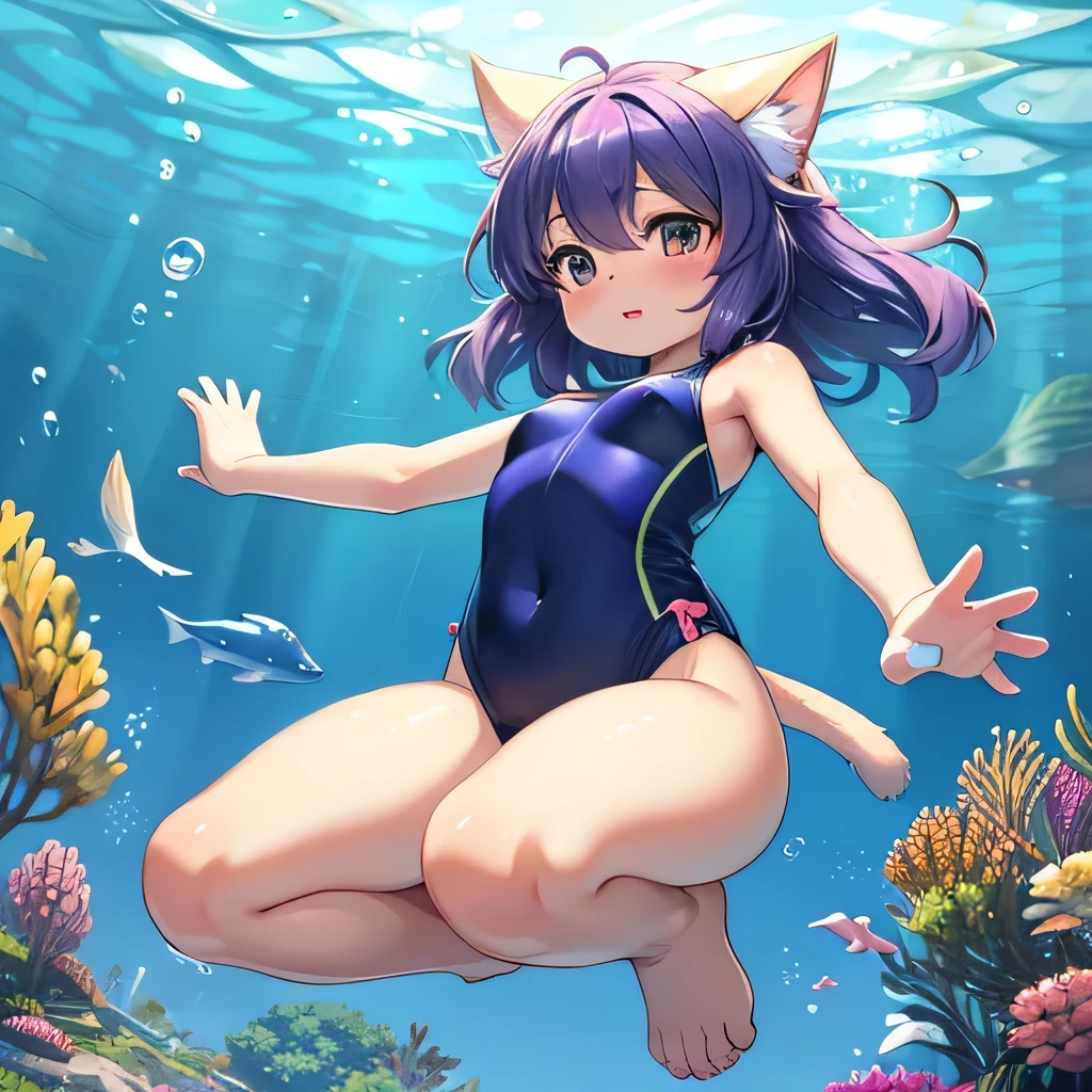 Under the Sea, Anime cat girl in a swimsuit jumping, Cat-like pads on hands and feet, an anime drawing by Puru, pixiv, furry art, sfw version, from below, UHD, masterpiece, accurate, anatomically correct, textured skin, super detail, high details, high quality, best quality, highres, 16k