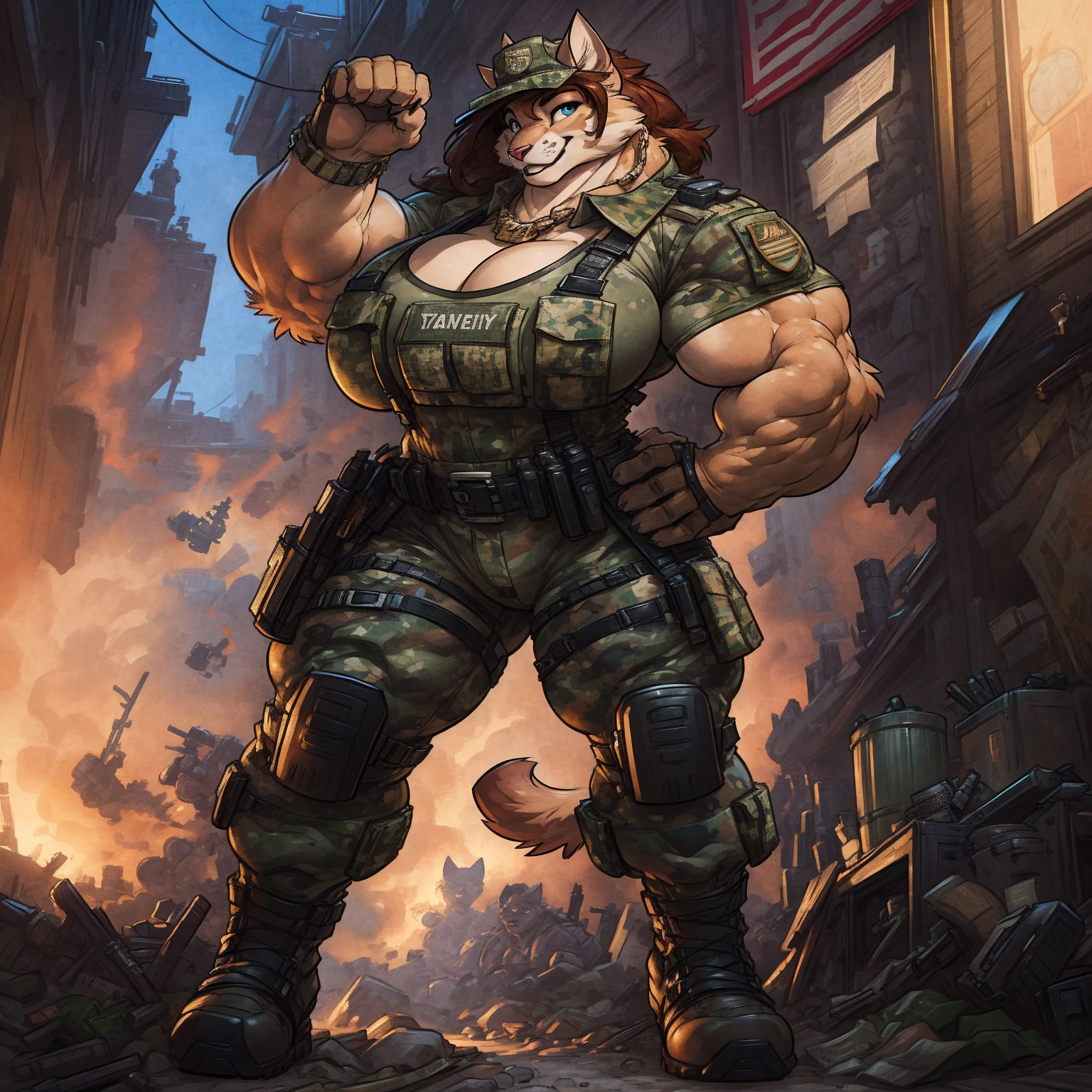 solo, 1girl, feline, cat girl, female, buff, muscular, huge breasts, highly detailed eyes, Amazon, wearing camouflage_uniform, (urban uniform:1.2), military camp, rolled sleeves, shirt, trousers, cleavage, standing upright, combat boots, full body, smiling, friendly, looking at viewer, realistic lighting, by darkgem, by wfa, by bng,