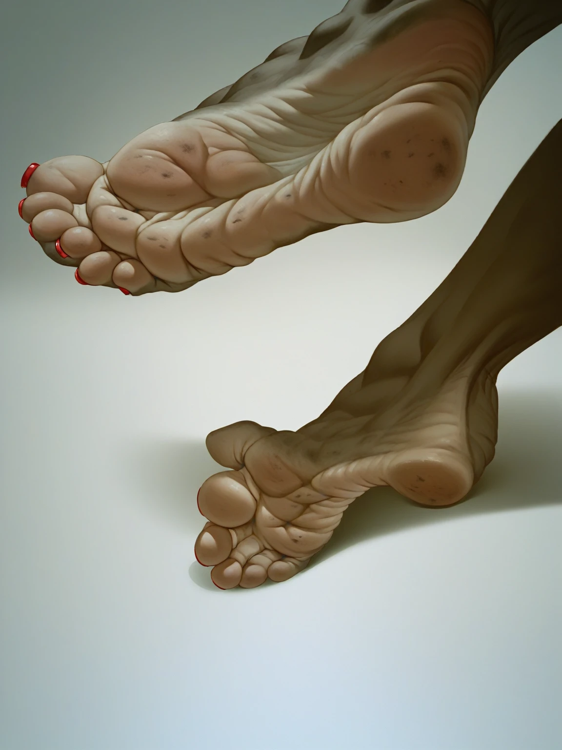 Giant feet soles and toes, red toesnail, black and red backfround, the ground was made of dark water, ultra detailed, wrinkled soles, dirty soles, no character. Masterpiece, 4k, low-angle view