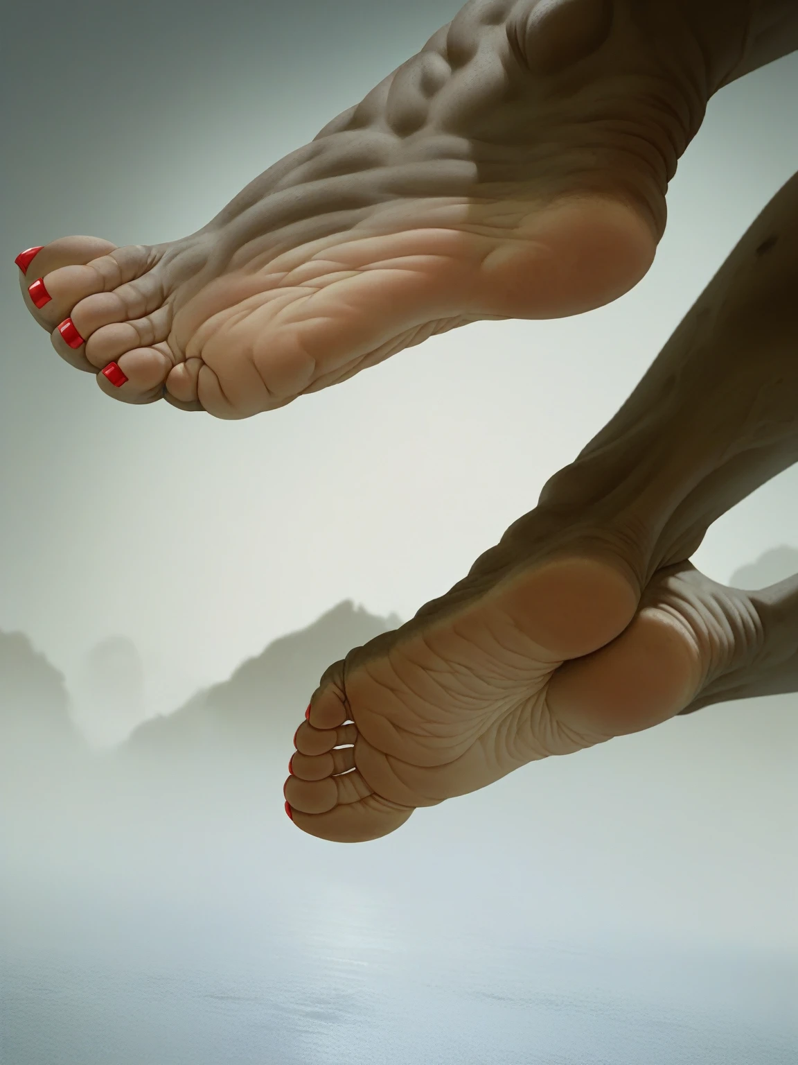 Giant feet soles and toes, red toesnail, black and red backfround, the ground was made of dark water, ultra detailed, wrinkled soles, dirty soles, no character. Masterpiece, 4k, low-angle view