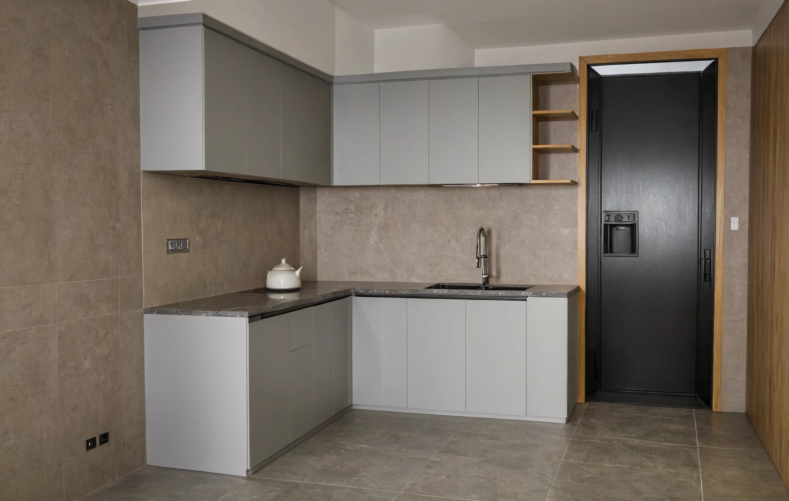 Raw photo,Masterpiece, high quality, best quality, authentic, super detail, interior, indoors, kitchen room style modern, minimalist line, daylight, aiaigroup