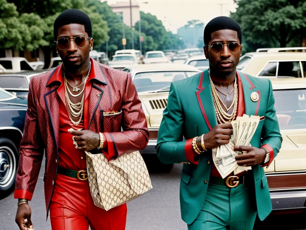 1970s photo of "Gucci Mane" wearing 70's attire holding a bag of cash, 1 man,