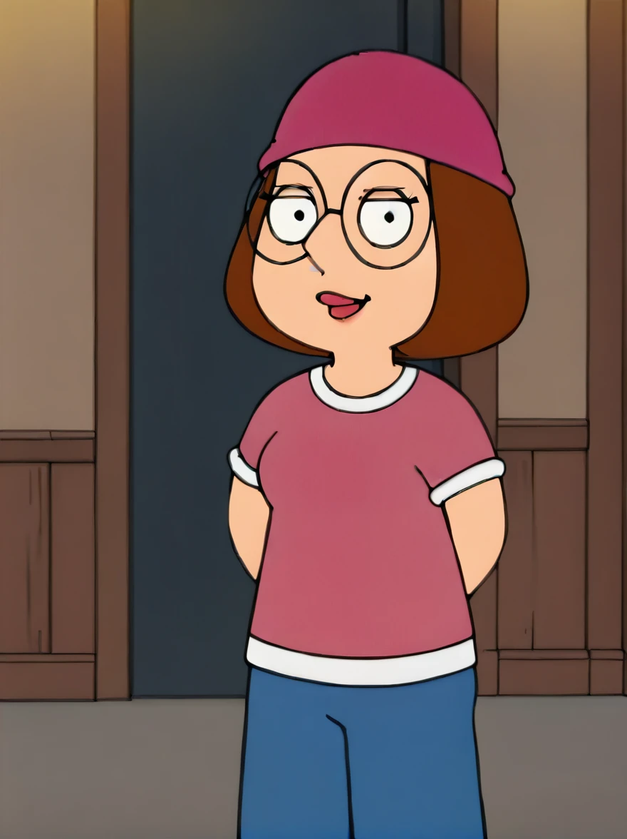 meg, brown hair, 1girl, glasses, solo, short hair, flat color, hat, blue pants, pants, beanie, pink shirt,standing, arms behind back,  looking at viewer, smile, score_9, score_8_up, score_7_up, score_6_up, score_5_up, score_4_up